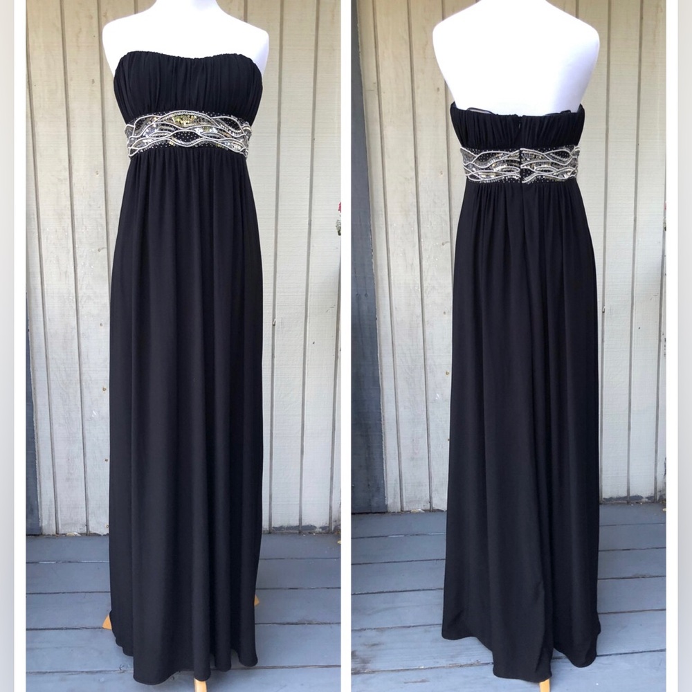 Y2K JS Boutique Strapless Beaded Sequin Embellished Black Evening Gown size 6